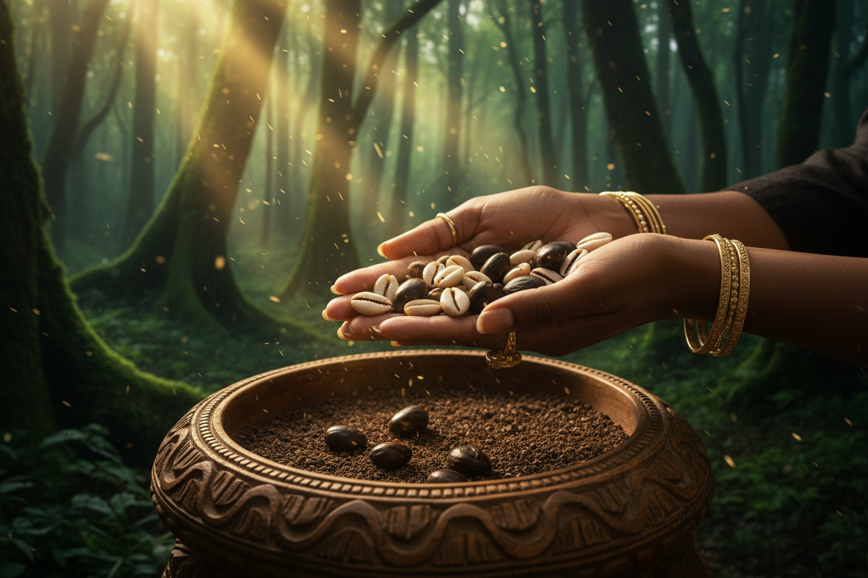Objets sacrés FA - cauris et lumière dorée - Bio-Vert Héritage