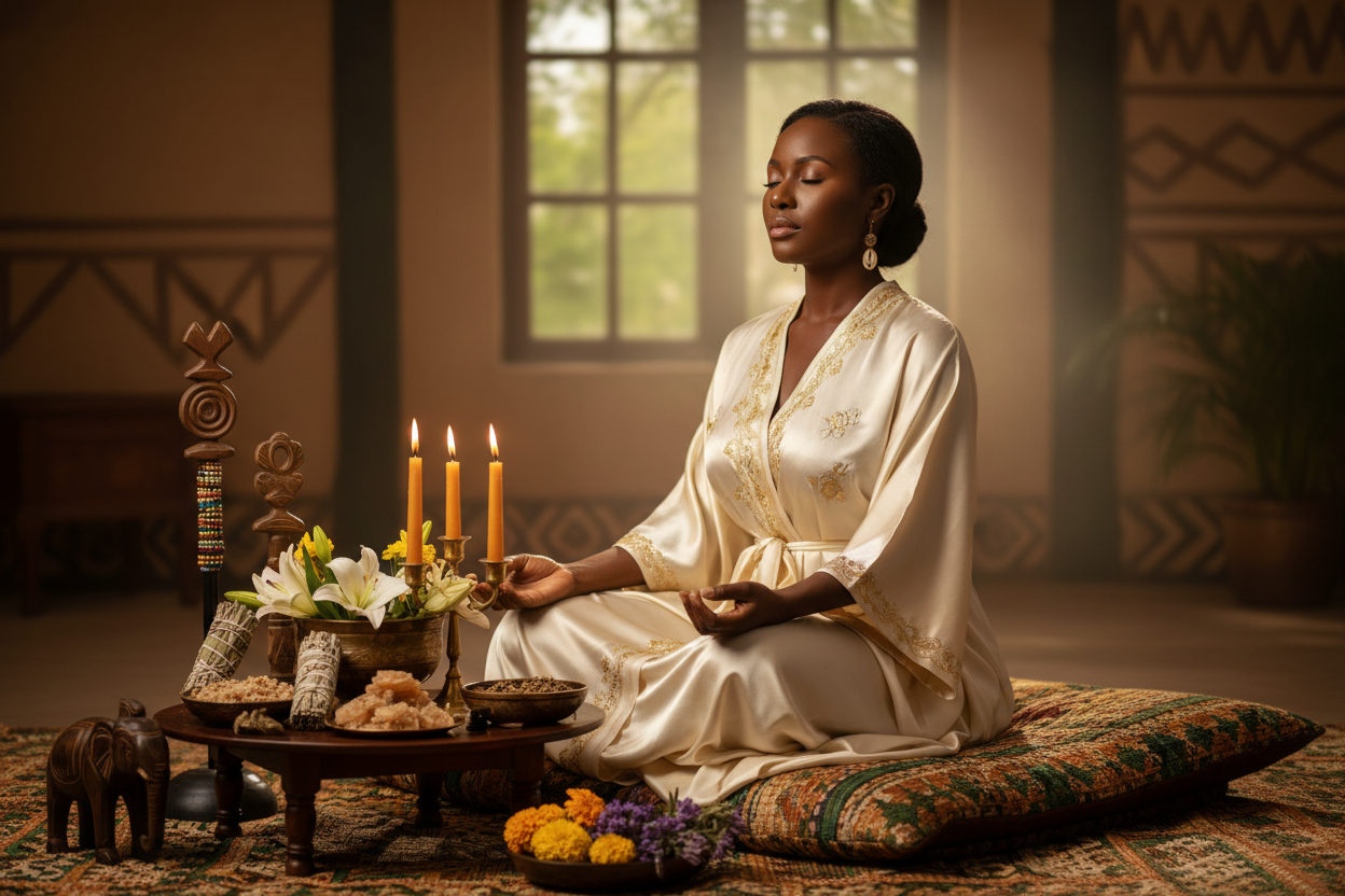Praticienne en méditation avec objets rituels ancestraux - Bio-Vert Héritage